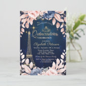Eiffel Tower, Blue Flowers, Navy Blue Quinceañera Kaart (Staand voorkant)