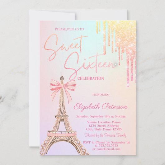 Eiffel Tower Bow Glitter Drips Sweet 16 Kaart (Voorkant)