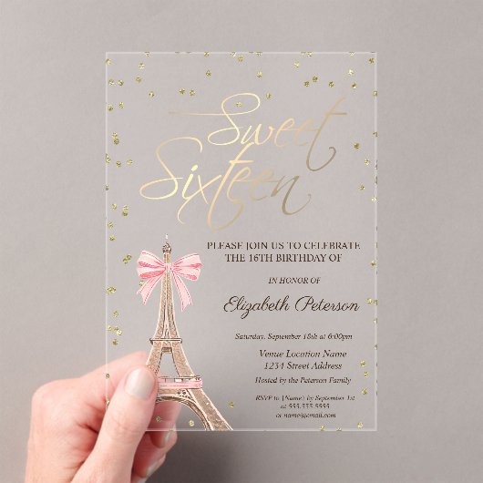 Eiffel Tower Bow Gold Diamonds Black Sweet 16 Acryl Uitnodigingen (Insitu (Draagbaar))