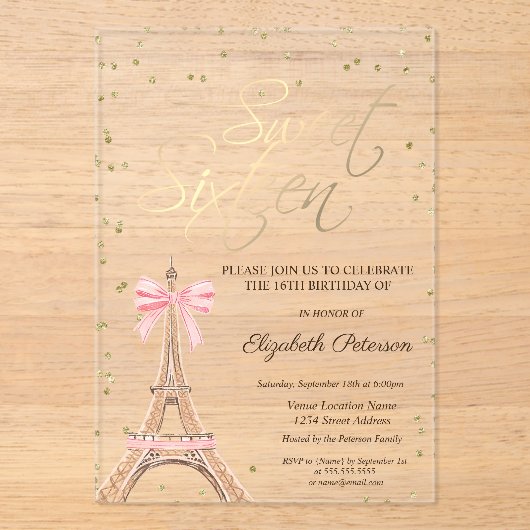 Eiffel Tower Bow Gold Diamonds Black Sweet 16  Acryl Uitnodigingen (Voorkant)