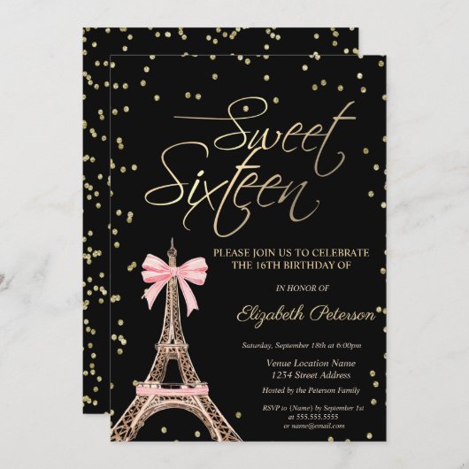 Eiffel Tower Bow Gold Diamonds Black Sweet 16 Kaart (Voorkant / Achterkant)