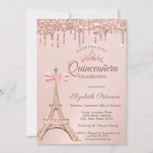 Eiffel Tower,Bow Rose Gold Drips Quinceañera Kaart (Voorkant)