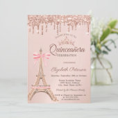  Eiffel Tower,Bow Rose Gold Drips Quinceañera  Kaart (Staand voorkant)