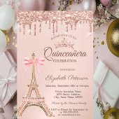 Eiffel Tower,Bow Rose Gold Drips Quinceañera Kaart