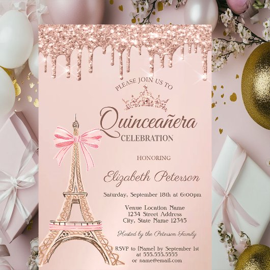  Eiffel Tower,Bow Rose Gold Drips Quinceañera  Kaart