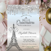 Eiffel Tower,Bow,Tiara,Drips Silver Quinceañera Kaart