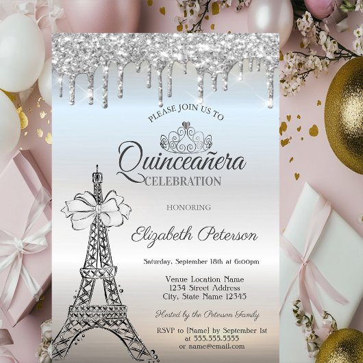 Eiffel Tower,Bow,Tiara,Drips Silver Quinceañera Kaart