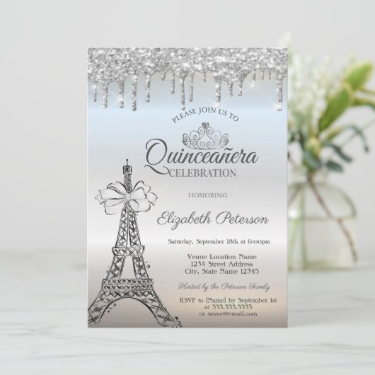 Eiffel Tower,Bow,Tiara,Drips Silver Quinceañera Kaart (Staand voorkant)