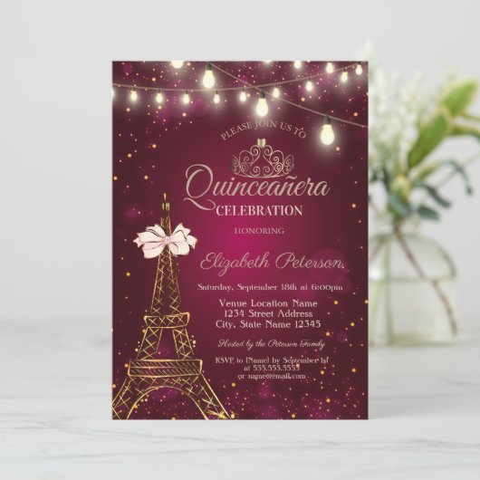 Eiffel Tower,Bow,Tiara Lights Red Quinceañera Kaart (Staand voorkant)