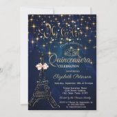 Eiffel Tower,Bow Tiara,Stars Navy Blue Quinceañera Kaart (Voorkant)