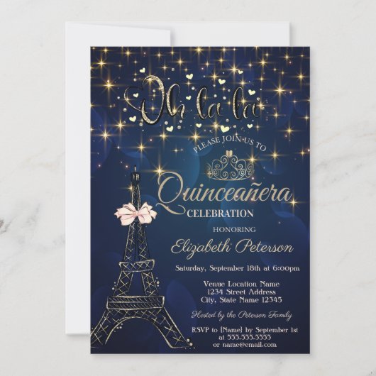 Eiffel Tower,Bow Tiara,Stars Navy Blue Quinceañera Kaart (Voorkant)