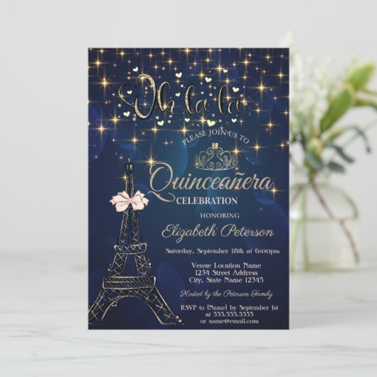 Eiffel Tower,Bow Tiara,Stars Navy Blue Quinceañera Kaart (Staand voorkant)
