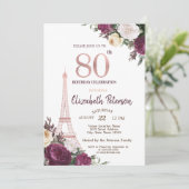Eiffel Tower Burgundy Flowers 80th Birthday Kaart (Staand voorkant)