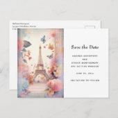 Eiffel Tower Butterflies and Flowers Aankondigingskaart (Voorkant / Achterkant)