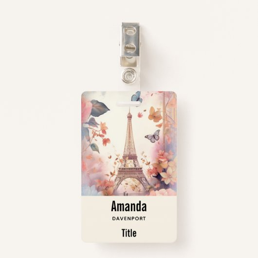 Eiffel Tower Butterflies and Flowers Badge (Voorkant met clip)