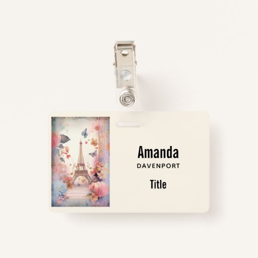 Eiffel Tower Butterflies and Flowers Badge (Achterkant met clip)