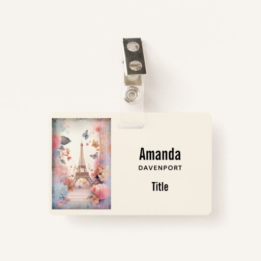 Eiffel Tower Butterflies and Flowers Badge (Voorkant met clip)