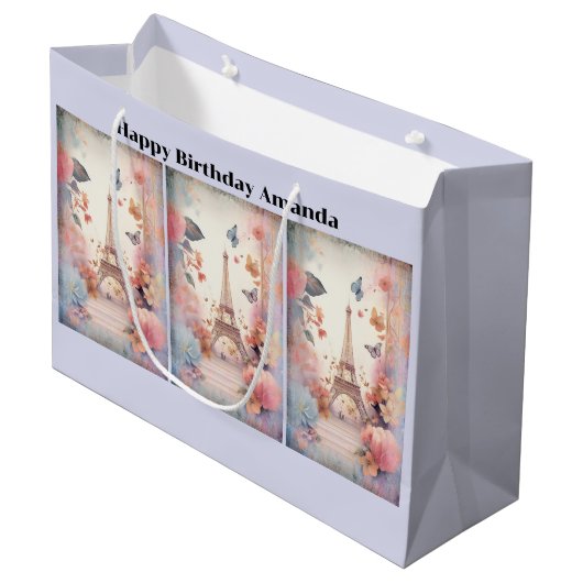 Eiffel Tower Butterflies and Flowers Birthday Groot Cadeauzakje (Voorkant Gekanteld)