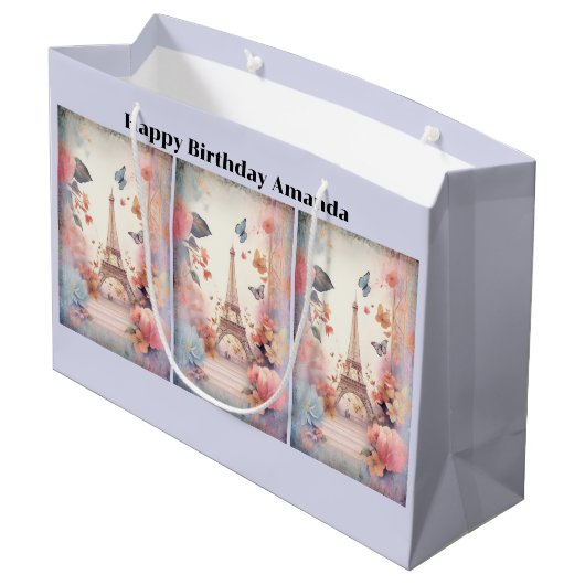Eiffel Tower Butterflies and Flowers Birthday Groot Cadeauzakje (Achterkant Gekanteld)