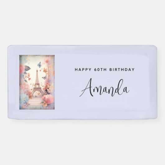Eiffel Tower Butterflies and Flowers Birthday Spandoek (Horizontaal)