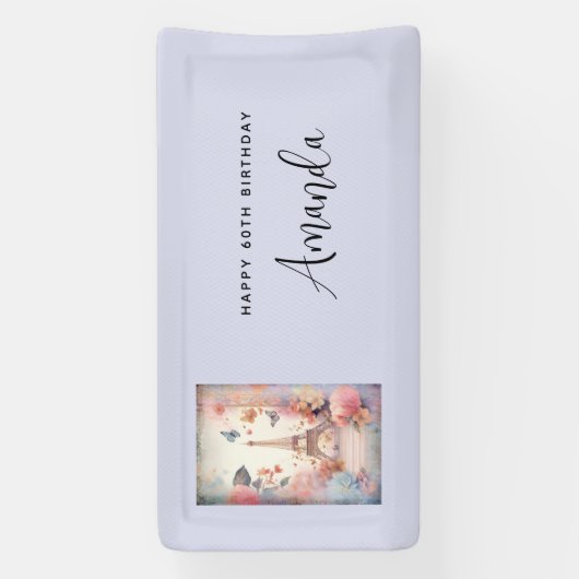 Eiffel Tower Butterflies and Flowers Birthday Spandoek (Verticaal)