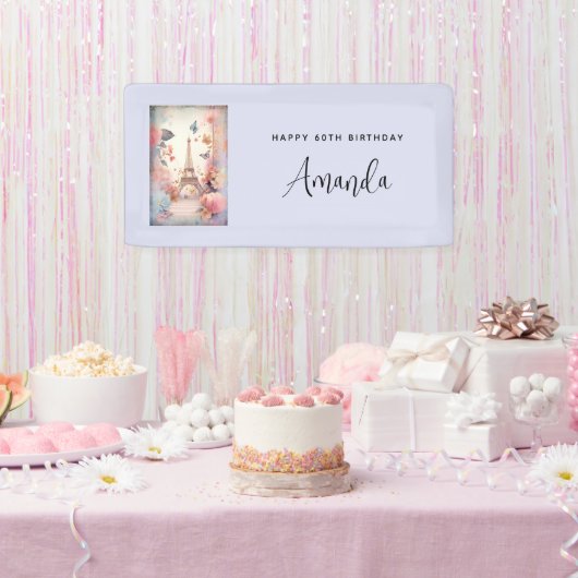 Eiffel Tower Butterflies and Flowers Birthday Spandoek (Feest)