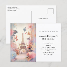 Eiffel Tower Butterflies and Flowers Birthday Uitnodiging Briefkaart