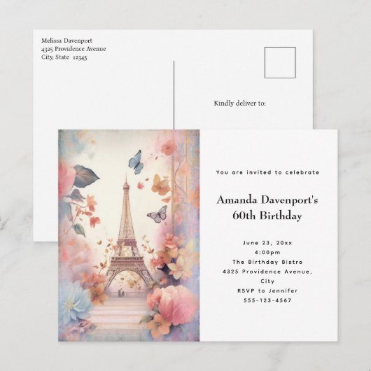 Eiffel Tower Butterflies and Flowers Birthday Uitnodiging Briefkaart (Voorkant / Achterkant)