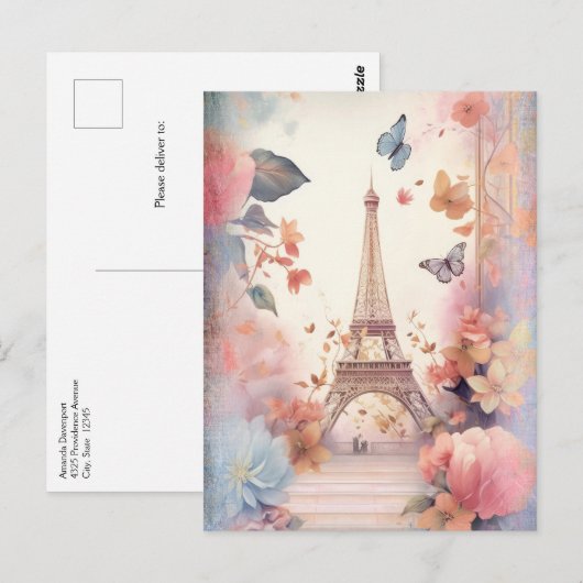 Eiffel Tower Butterflies and Flowers Briefkaart (Voorkant / Achterkant)