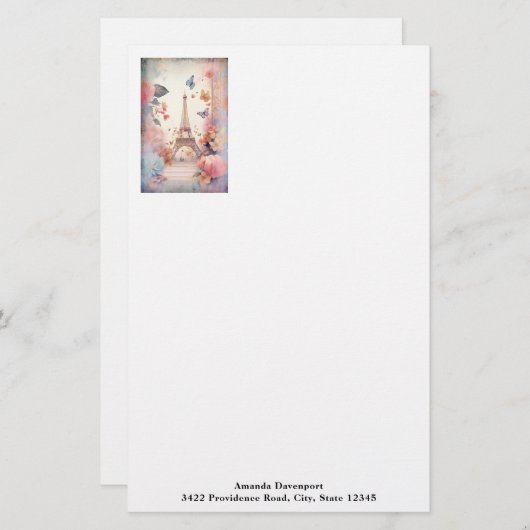 Eiffel Tower Butterflies and Flowers Briefpapier (Voorkant / Achterkant)
