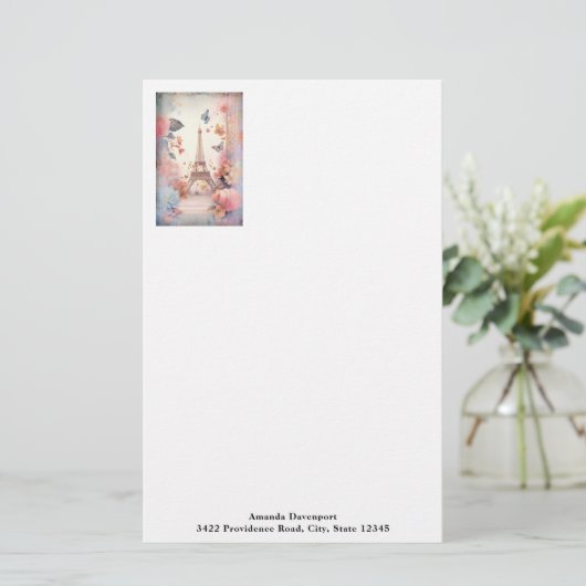 Eiffel Tower Butterflies and Flowers Briefpapier (Staand voorkant)