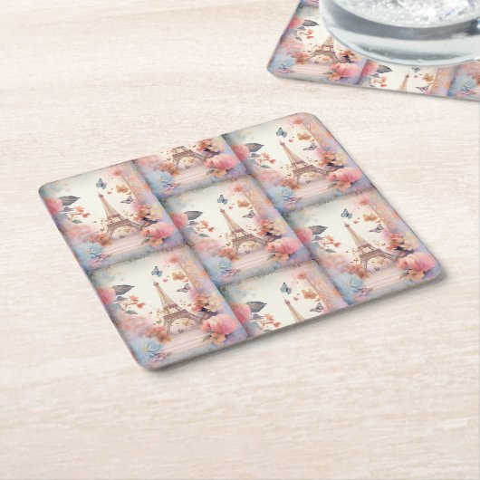 Eiffel Tower Butterflies and Flowers Kartonnen Onderzetters (Schuin)