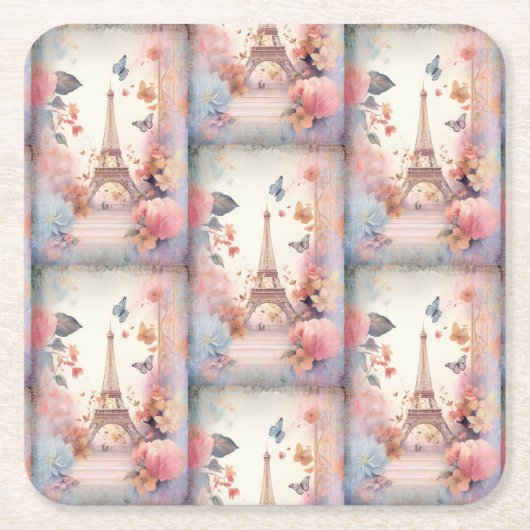Eiffel Tower Butterflies and Flowers Kartonnen Onderzetters (Voorkant)