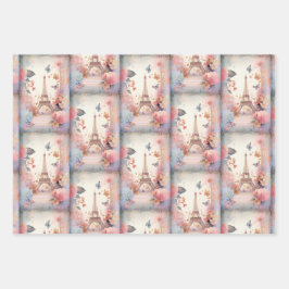 Eiffel Tower Butterflies and Flowers Pattern Inpakpapier Vel