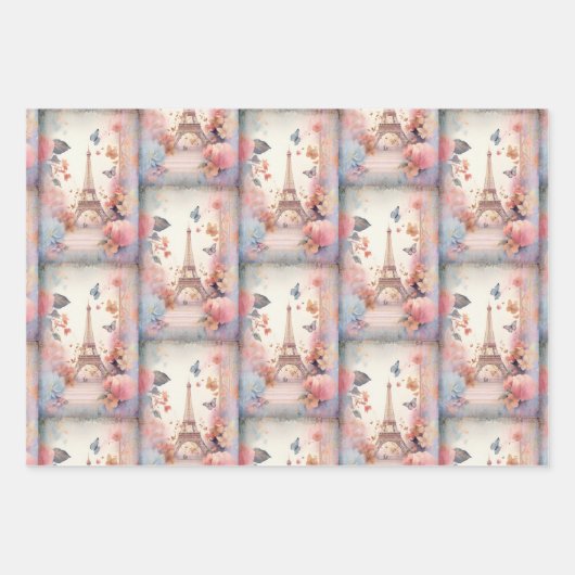 Eiffel Tower Butterflies and Flowers Pattern Inpakpapier Vel (Voorkant 2)