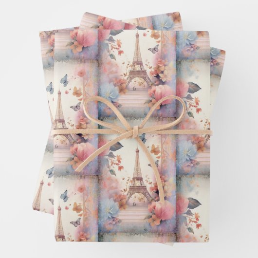 Eiffel Tower Butterflies and Flowers Pattern Inpakpapier Vel (In situ)