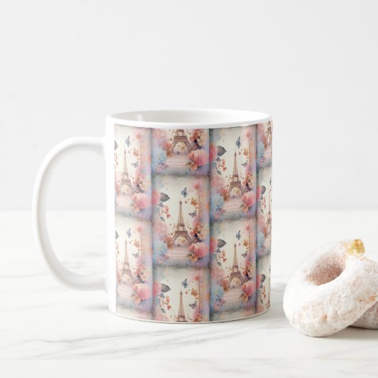 Eiffel Tower Butterflies and Flowers Pattern Koffiemok (Met donut)