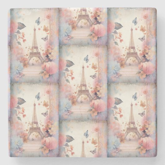 Eiffel Tower Butterflies and Flowers Pattern Stenen Onderzetter (Voorkant)