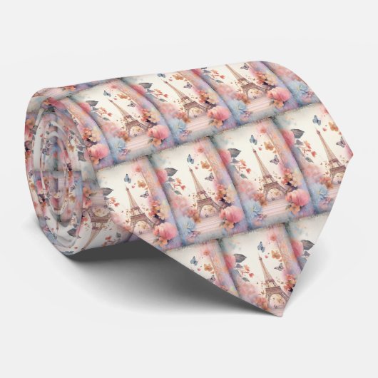 Eiffel Tower Butterflies and Flowers Pattern Stropdas (Opgerold)