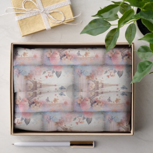 Eiffel Tower Butterflies and Flowers Pattern Tissuepapier (Geschenk)