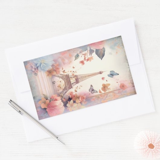 Eiffel Tower Butterflies and Flowers Rechthoekige Sticker (Envelop)