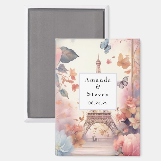 Eiffel Tower Butterflies and Flowers Save the Date Magneet (Voorkant / Achterkant)