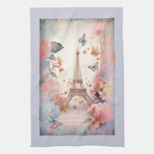 Eiffel Tower Butterflies and Flowers Theedoek (Verticaal)