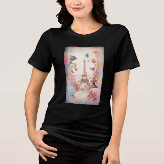 Eiffel Tower Butterflies and Flowers Tri-Blend Shirt (Voorkant)