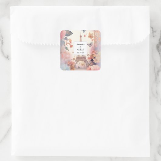 Eiffel Tower Butterflies and Flowers Wedding Vierkante Sticker (Tas)