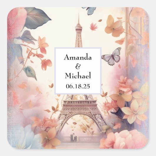 Eiffel Tower Butterflies and Flowers Wedding Vierkante Sticker (Voorkant)