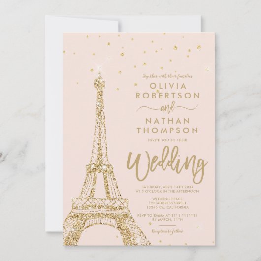 Eiffel tower chic gold glitter blush roze bruiloft kaart (Voorkant)