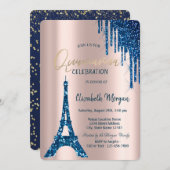 Eiffel Tower Confetti Drift Navy Blue Quinceañera Kaart (Voorkant / Achterkant)