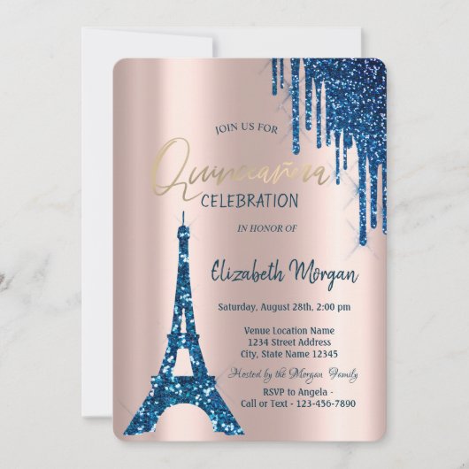 Eiffel Tower Confetti Drift Navy Blue Quinceañera Kaart (Voorkant)