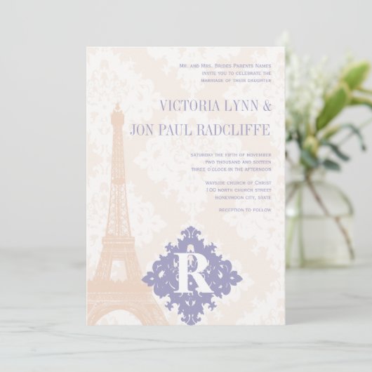 Eiffel Tower Damask Silver Peony Lavender Kaart (Staand voorkant)